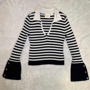 Anthropologie Maeve Black & White Striped V-Neck Collared Ribbed Sweater Size XS